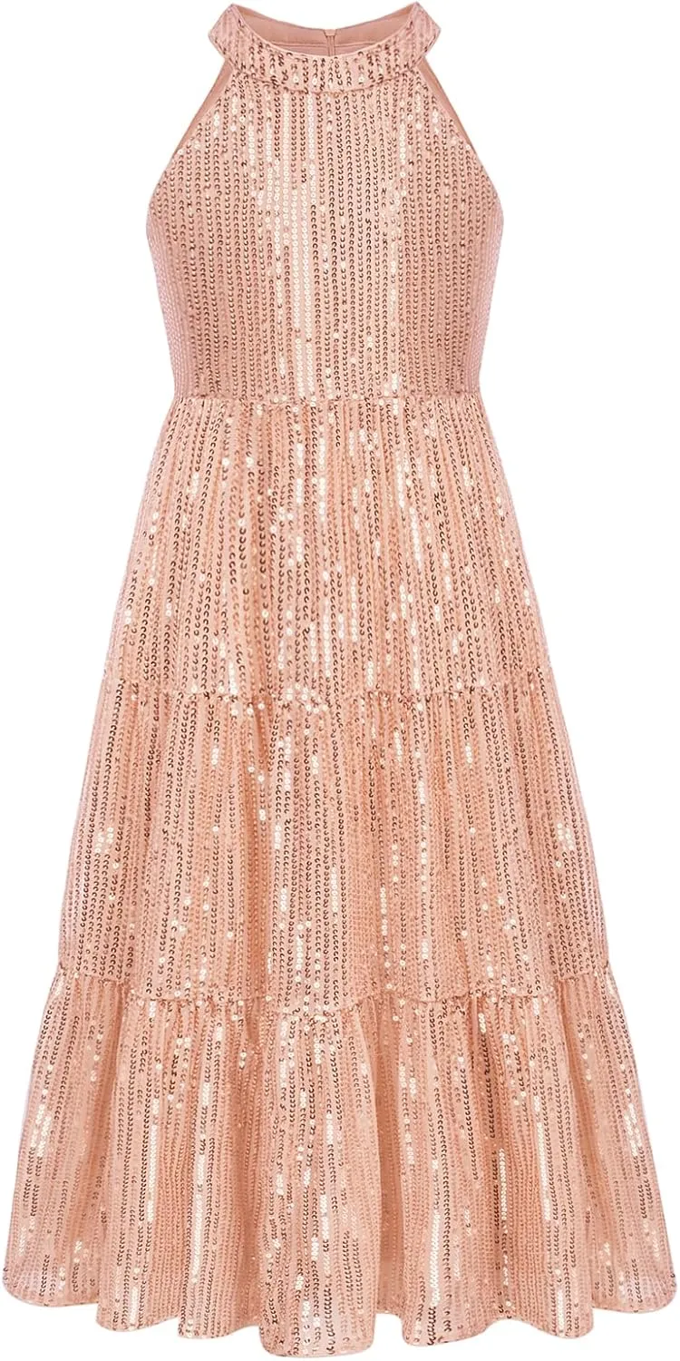 GRACE KARIN Girls Sequin Dress Formal Party Elegant Fancy Girls Maxi Long Dress for 5-14Y