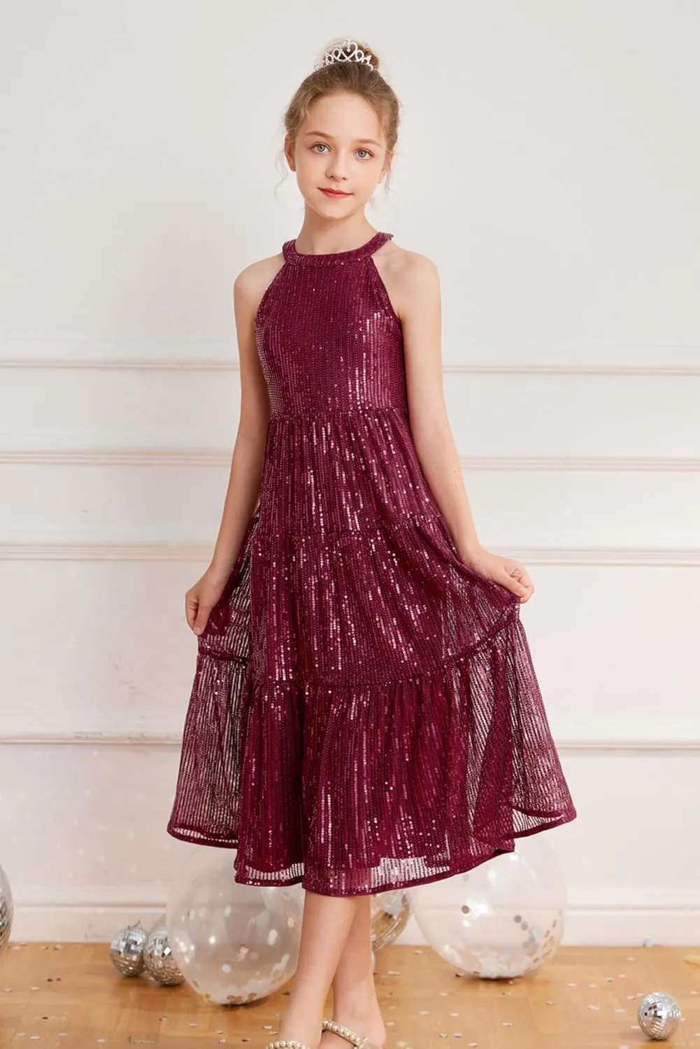 GRACE KARIN Girls Sequin Dress Formal Party Elegant Fancy Girls Maxi Long Dress for 5-14Y