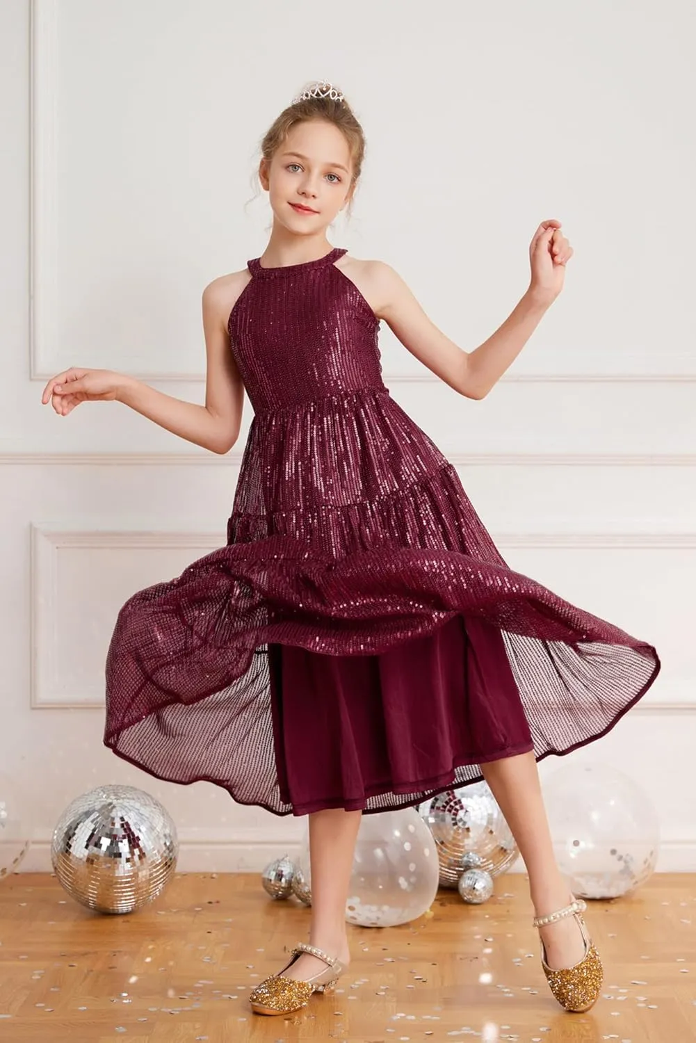 GRACE KARIN Girls Sequin Dress Formal Party Elegant Fancy Girls Maxi Long Dress for 5-14Y