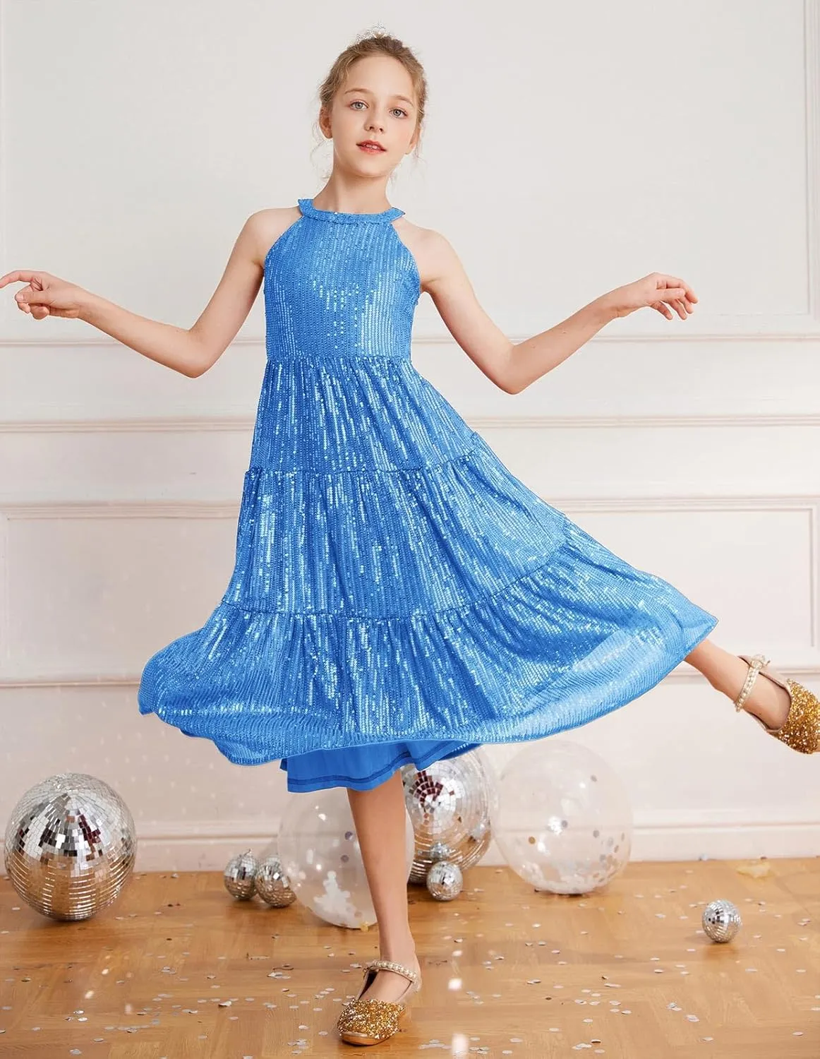 GRACE KARIN Girls Sequin Dress Formal Party Elegant Fancy Girls Maxi Long Dress for 5-14Y