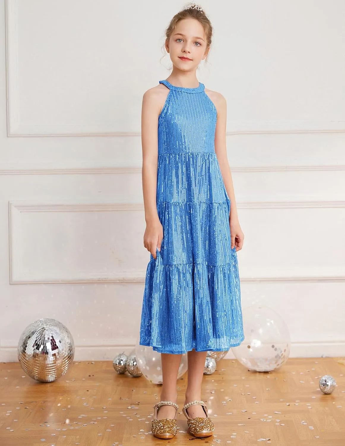 GRACE KARIN Girls Sequin Dress Formal Party Elegant Fancy Girls Maxi Long Dress for 5-14Y