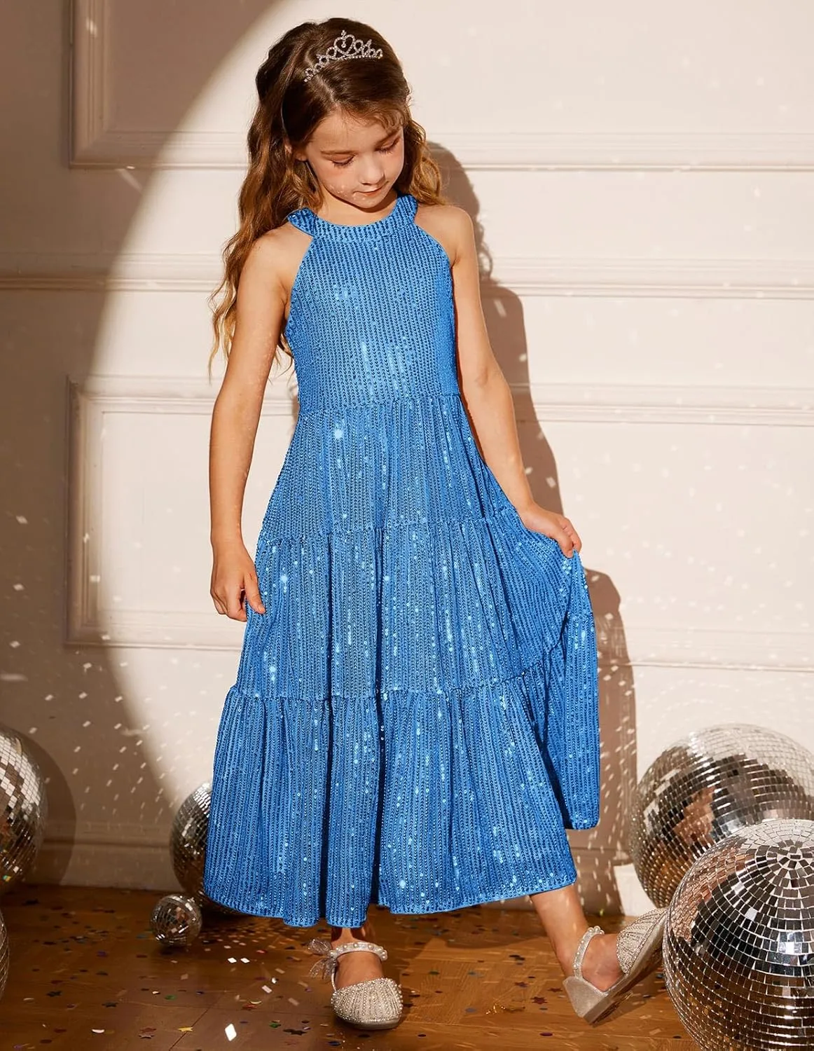 GRACE KARIN Girls Sequin Dress Formal Party Elegant Fancy Girls Maxi Long Dress for 5-14Y