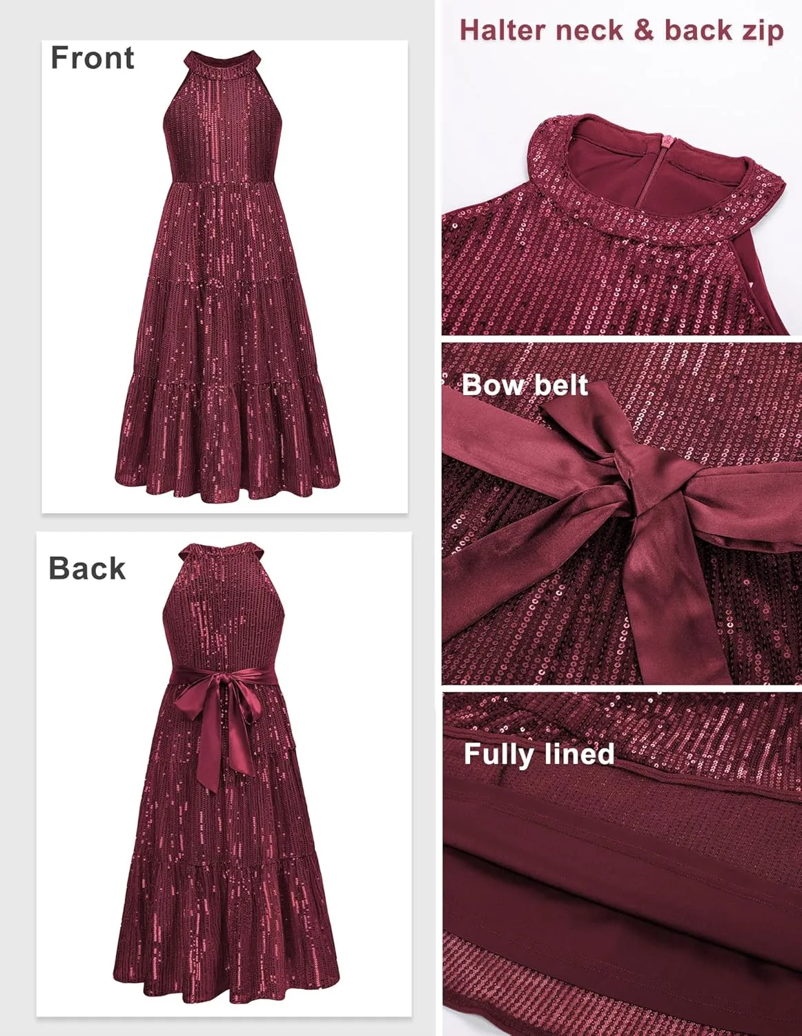 GRACE KARIN Girls Sequin Dress Formal Party Elegant Fancy Girls Maxi Long Dress for 5-14Y