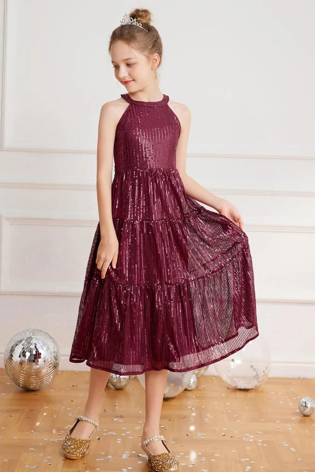 GRACE KARIN Girls Sequin Dress Formal Party Elegant Fancy Girls Maxi Long Dress for 5-14Y