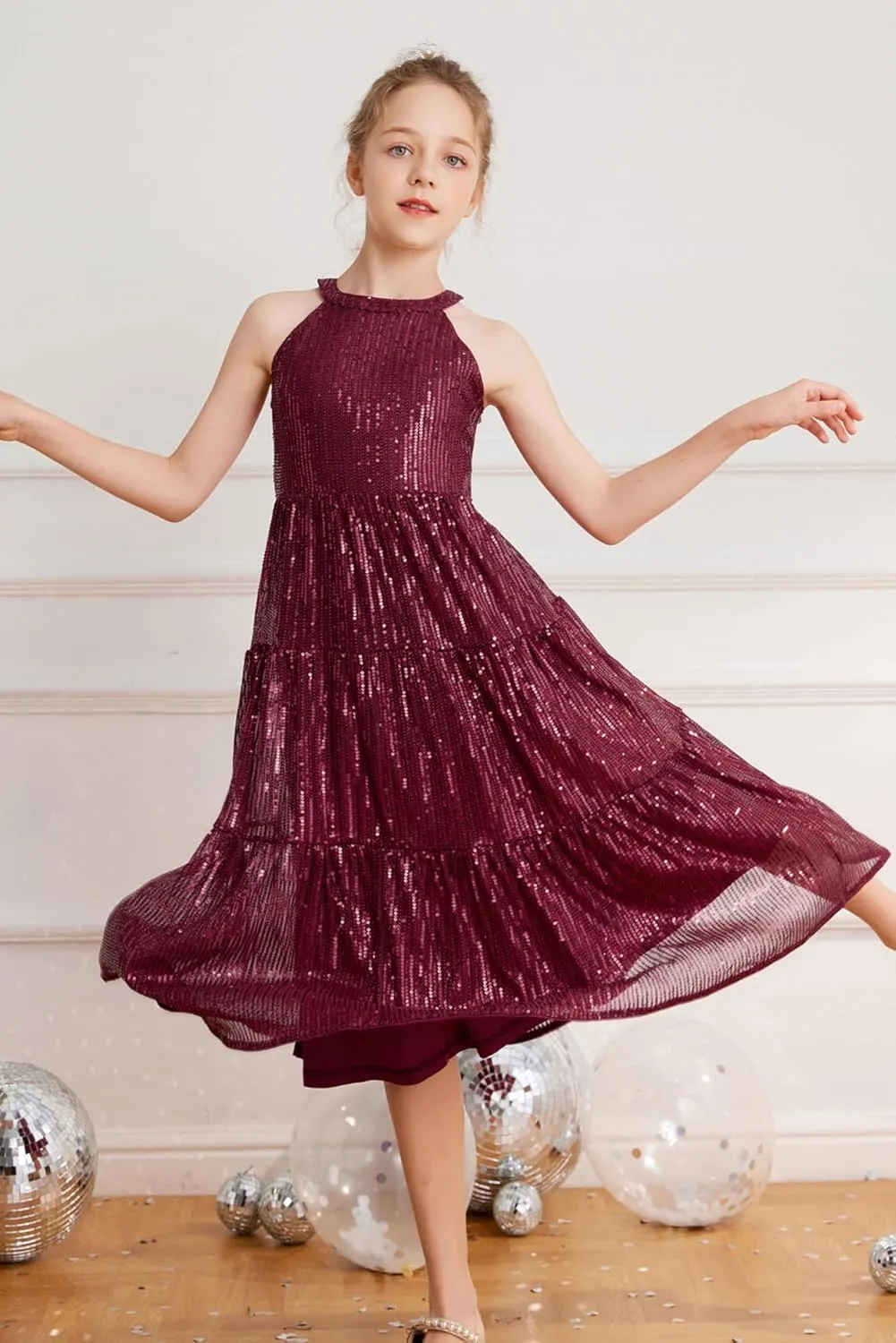 GRACE KARIN Girls Sequin Dress Formal Party Elegant Fancy Girls Maxi Long Dress for 5-14Y