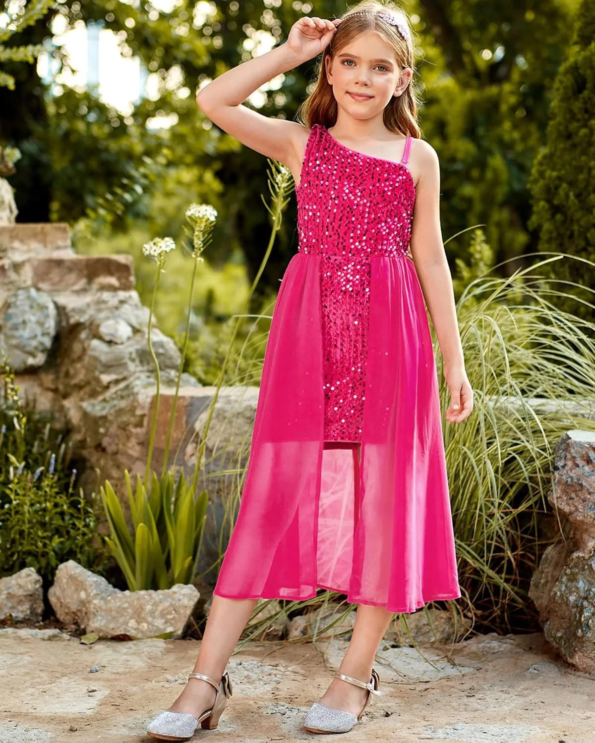 GRACE KARIN Girls Sequin Dress One Sleeve Formal Pageant Prom Party Dresses Size 5-14