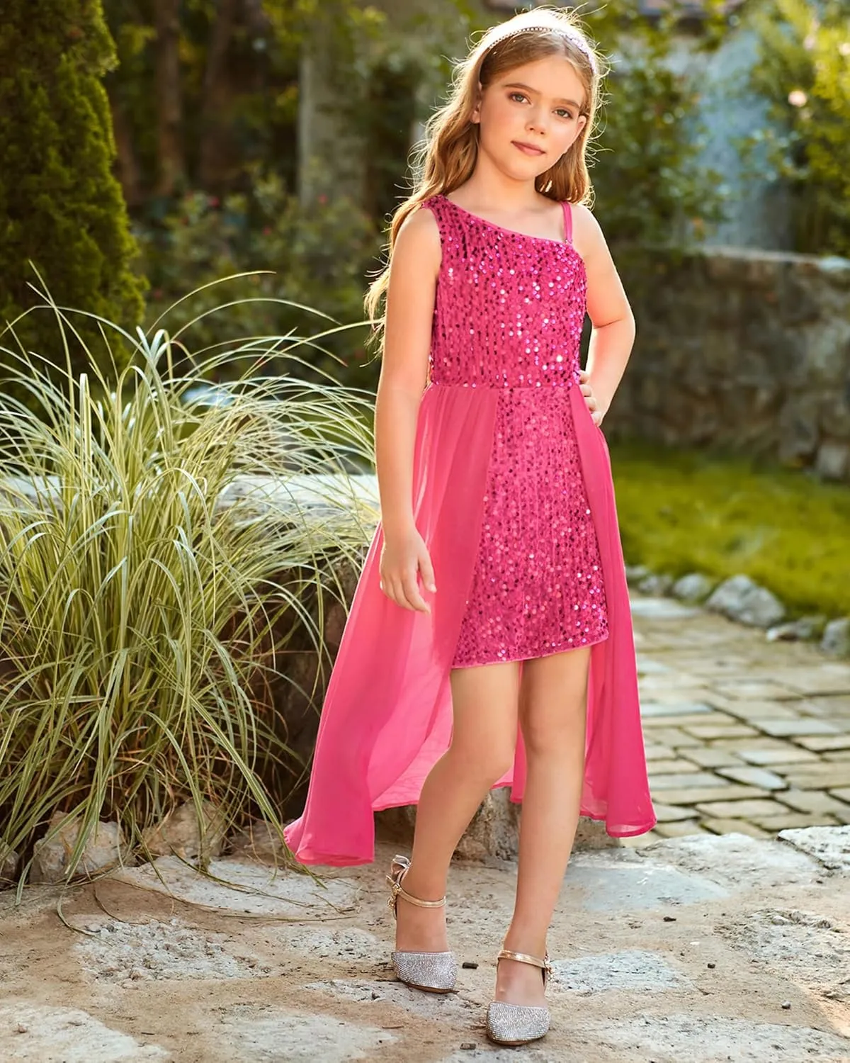 GRACE KARIN Girls Sequin Dress One Sleeve Formal Pageant Prom Party Dresses Size 5-14