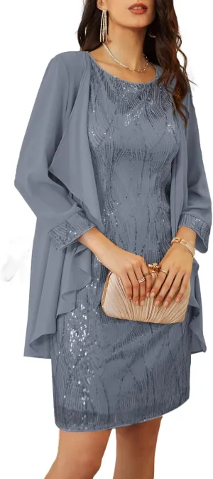 GRACE KARIN Sequin Dress for Women Knee Length Mother of the Bride Dresses Formal Dress Two Piece Dress with Chiffon Jacket