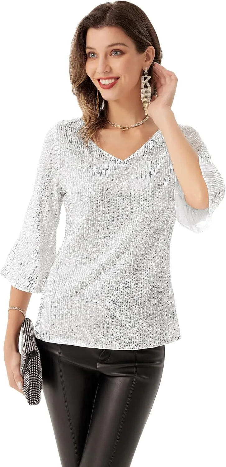 GRACE KARIN Sequin Tops for Women 3/4 Bell Sleeve V-Neck Cut-Out Shiny Metallic Sparkly Glitter Party Tops Blouse