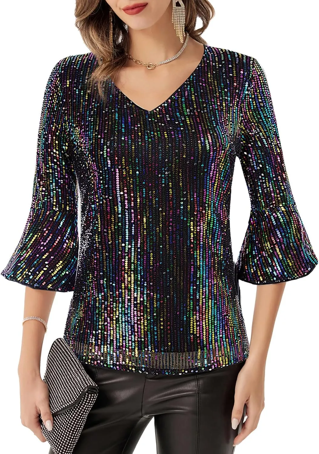 GRACE KARIN Sequin Tops for Women 3/4 Bell Sleeve V-Neck Cut-Out Shiny Metallic Sparkly Glitter Party Tops Blouse