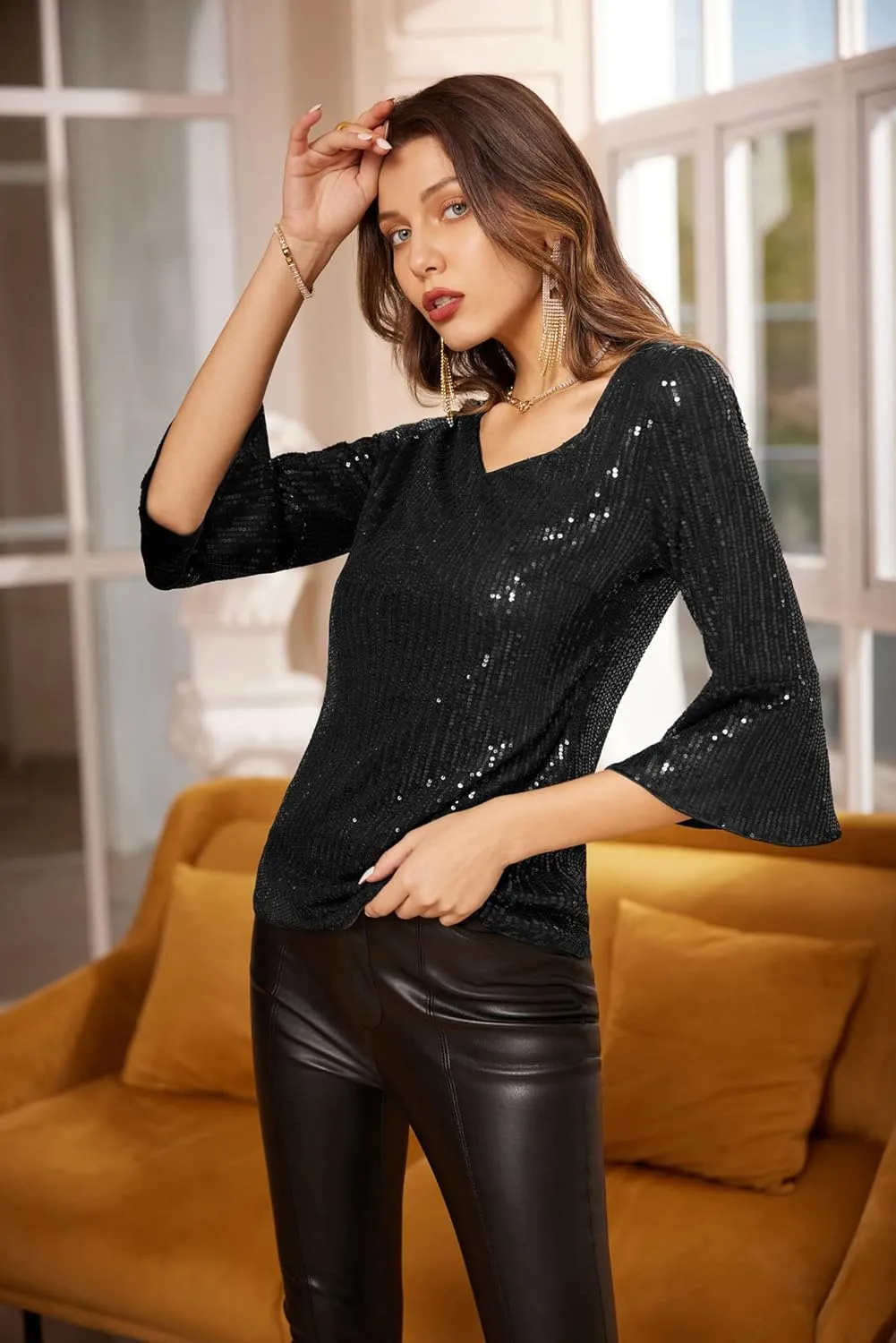 GRACE KARIN Sequin Tops for Women 3/4 Bell Sleeve V-Neck Cut-Out Shiny Metallic Sparkly Glitter Party Tops Blouse