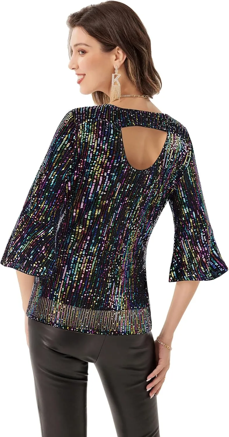 GRACE KARIN Sequin Tops for Women 3/4 Bell Sleeve V-Neck Cut-Out Shiny Metallic Sparkly Glitter Party Tops Blouse