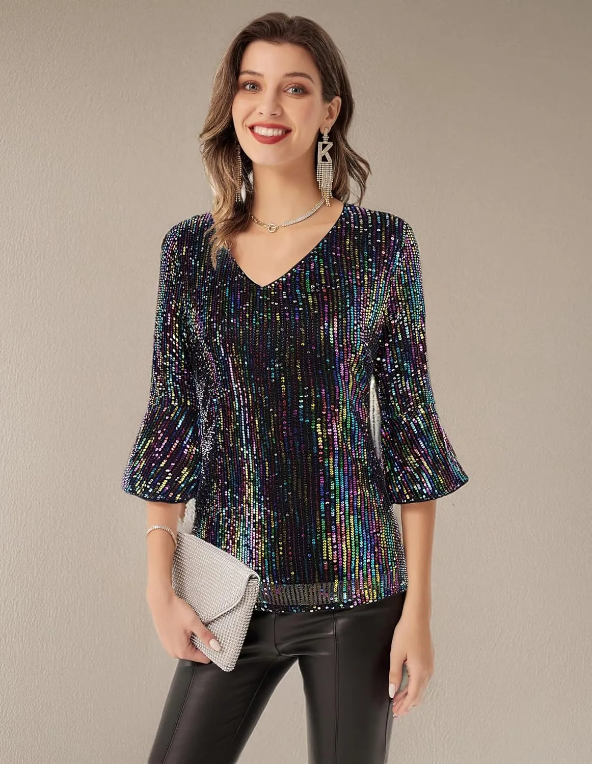 GRACE KARIN Sequin Tops for Women 3/4 Bell Sleeve V-Neck Cut-Out Shiny Metallic Sparkly Glitter Party Tops Blouse
