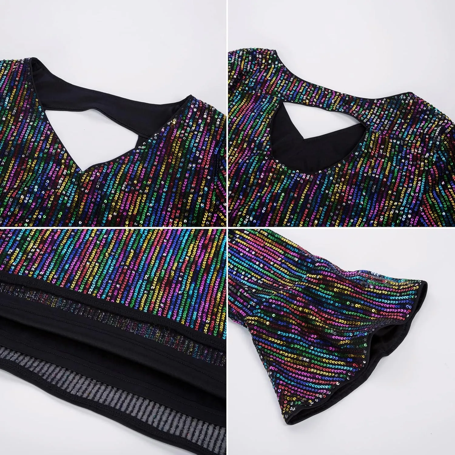 GRACE KARIN Sequin Tops for Women 3/4 Bell Sleeve V-Neck Cut-Out Shiny Metallic Sparkly Glitter Party Tops Blouse