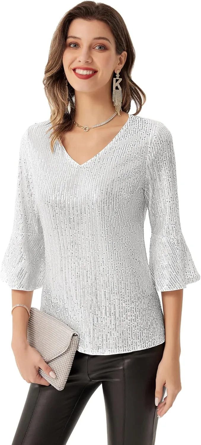 GRACE KARIN Sequin Tops for Women 3/4 Bell Sleeve V-Neck Cut-Out Shiny Metallic Sparkly Glitter Party Tops Blouse