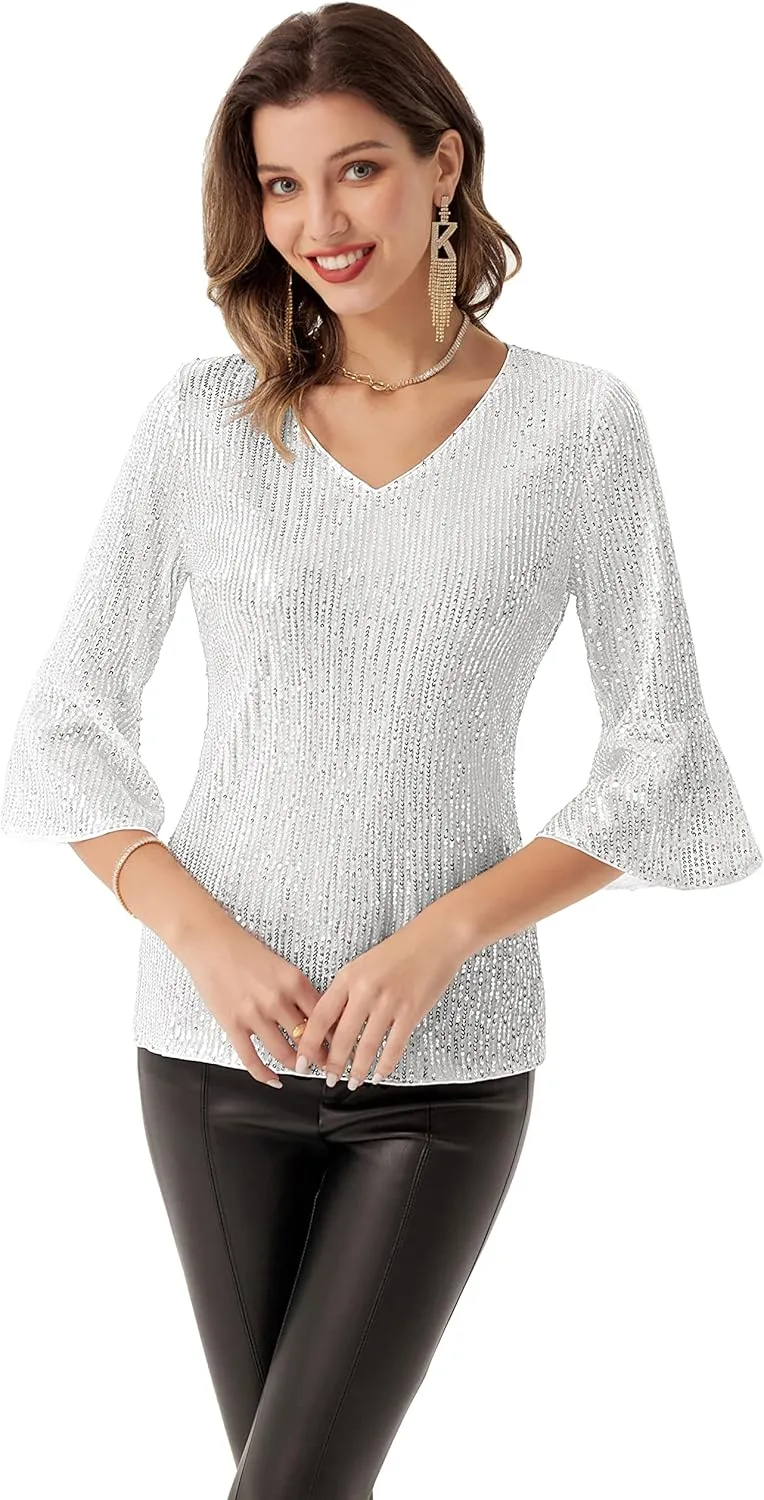 GRACE KARIN Sequin Tops for Women 3/4 Bell Sleeve V-Neck Cut-Out Shiny Metallic Sparkly Glitter Party Tops Blouse