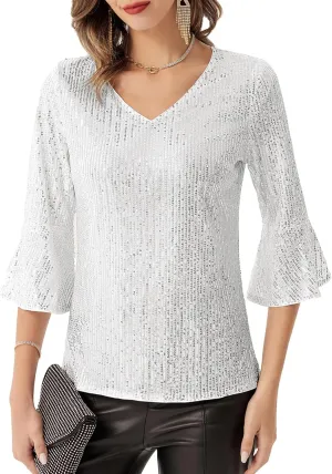 GRACE KARIN Sequin Tops for Women 3/4 Bell Sleeve V-Neck Cut-Out Shiny Metallic Sparkly Glitter Party Tops Blouse