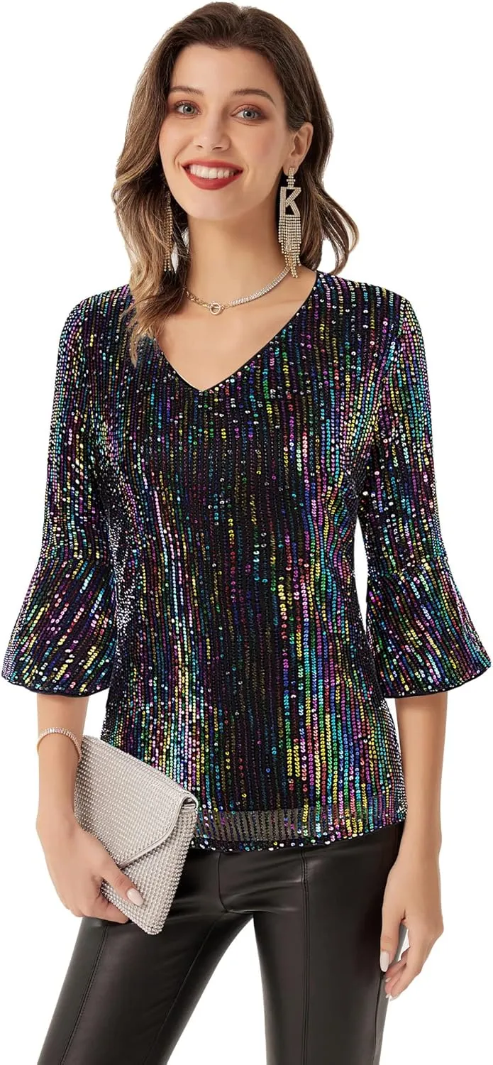 GRACE KARIN Sequin Tops for Women 3/4 Bell Sleeve V-Neck Cut-Out Shiny Metallic Sparkly Glitter Party Tops Blouse