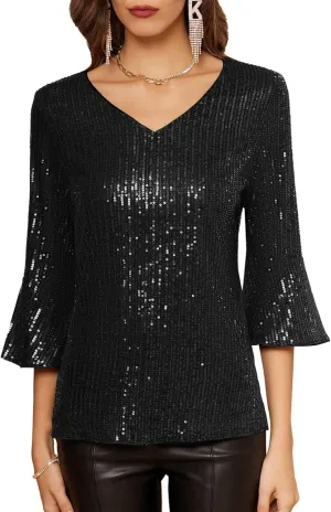 GRACE KARIN Sequin Tops for Women 3/4 Bell Sleeve V-Neck Cut-Out Shiny Metallic Sparkly Glitter Party Tops Blouse