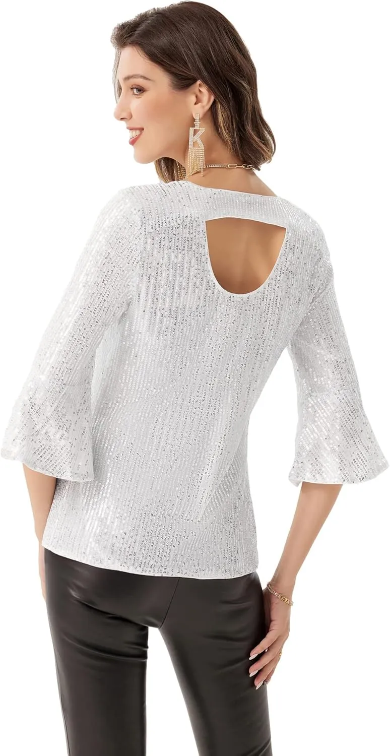 GRACE KARIN Sequin Tops for Women 3/4 Bell Sleeve V-Neck Cut-Out Shiny Metallic Sparkly Glitter Party Tops Blouse