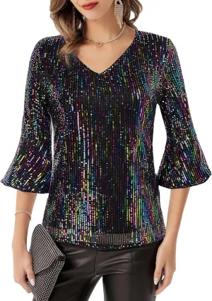 GRACE KARIN Sequin Tops for Women 3/4 Bell Sleeve V-Neck Cut-Out Shiny Metallic Sparkly Glitter Party Tops Blouse