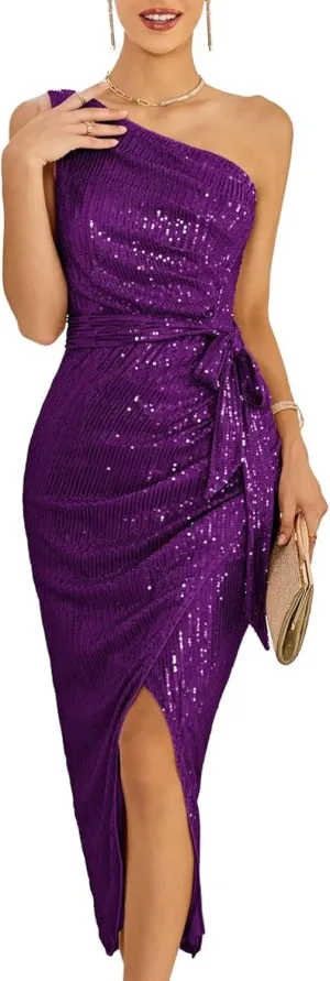 GRACE KARIN Women Sleeveless One Shoulder Sequin Dress Sparkly Glitter Wrap Dress Cocktail Wedding Maxi Dresses with Slit