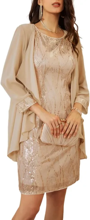 GRACE KARIN Women's Sequin Dress - Wedding Guest & Mother of The Bride Formal Dress - Two Piece Knee Length