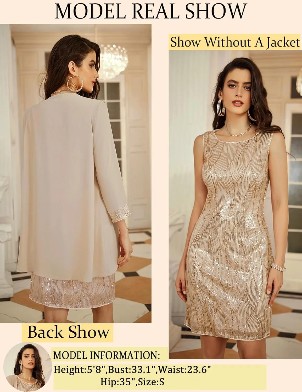 GRACE KARIN Women's Sequin Dress - Wedding Guest & Mother of The Bride Formal Dress - Two Piece Knee Length