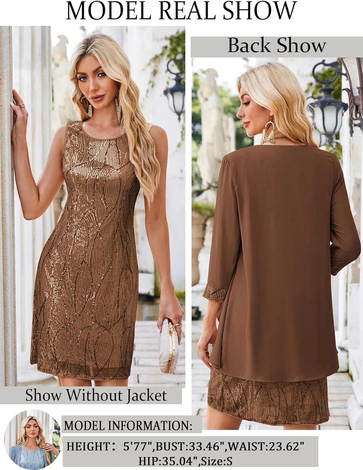 GRACE KARIN Women's Sequin Dress - Wedding Guest & Mother of The Bride Formal Dress - Two Piece Knee Length