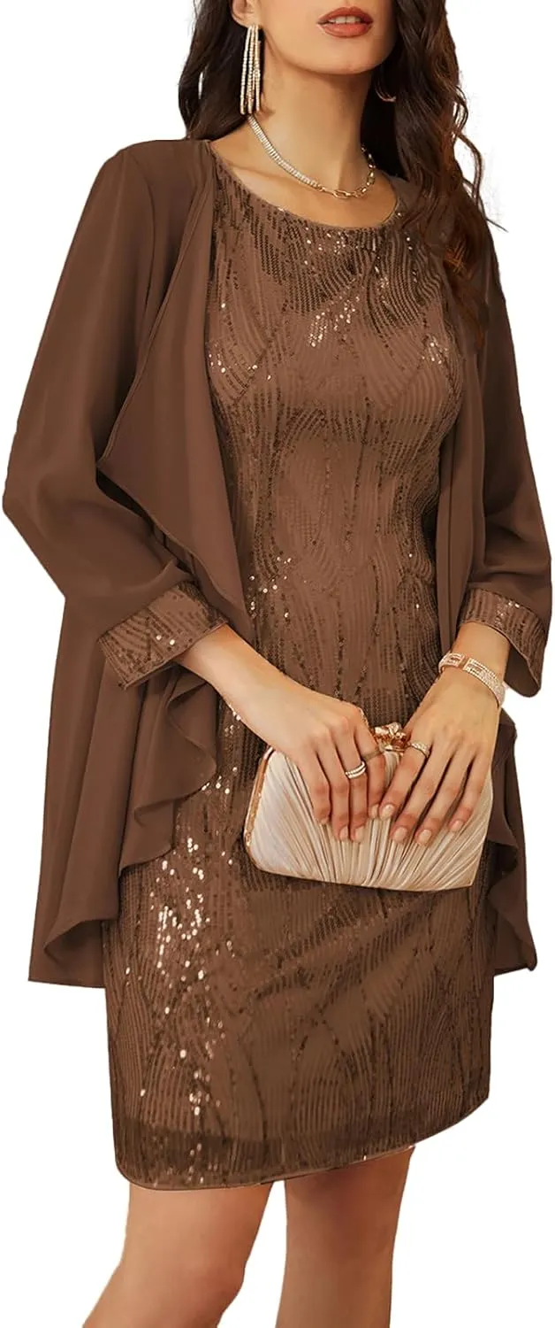 GRACE KARIN Women's Sequin Dress - Wedding Guest & Mother of The Bride Formal Dress - Two Piece Knee Length