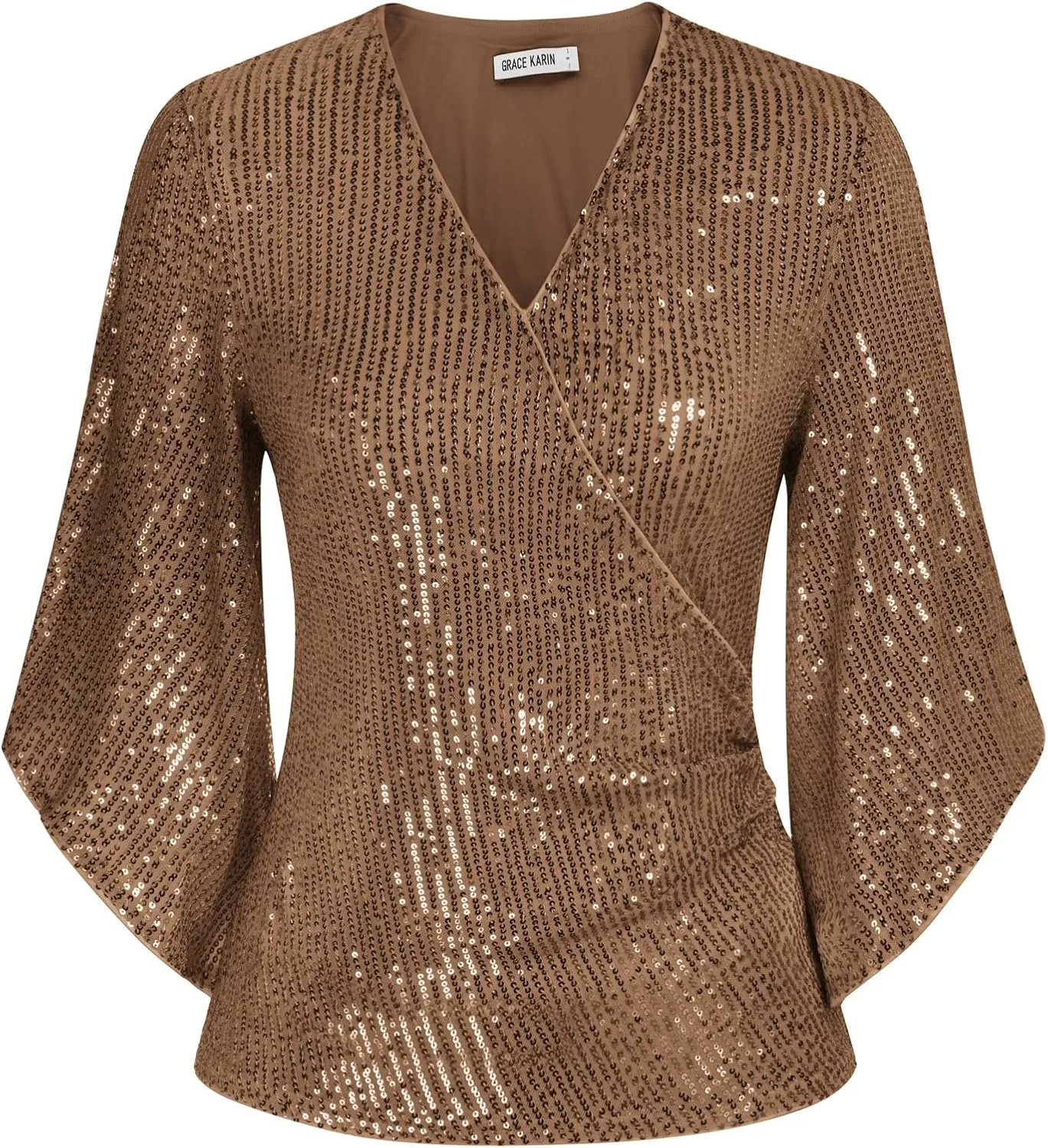 GRACE KARIN Womens Sequin Tops 3/4 Sleeve Glitter Sparkly Party Blouse V-Neck Dressy Tops for Evening Party
