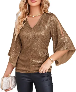 GRACE KARIN Womens Sequin Tops 3/4 Sleeve Glitter Sparkly Party Blouse V-Neck Dressy Tops for Evening Party