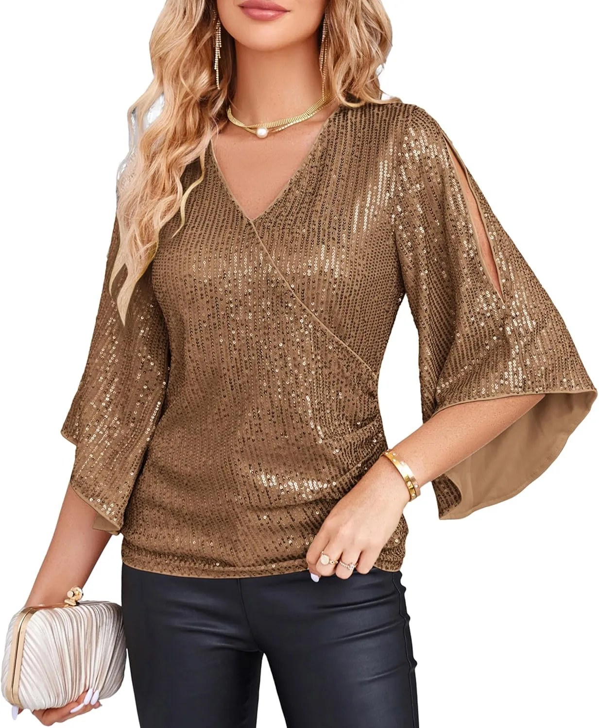 GRACE KARIN Womens Sequin Tops 3/4 Sleeve Glitter Sparkly Party Blouse V-Neck Dressy Tops for Evening Party