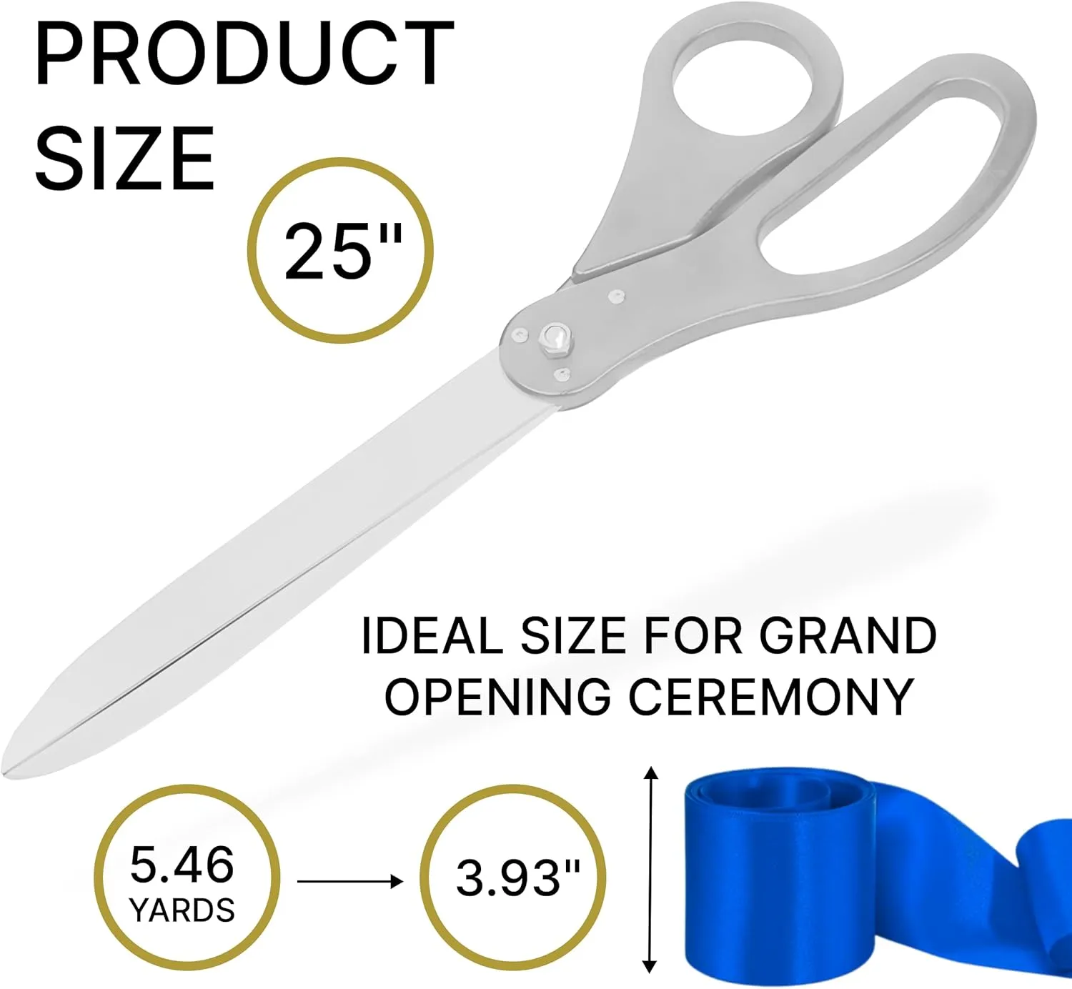 Grand Opening Ceremony Kit — 25" Giant Ribbon Cutting Scissors Silver and Royal Blue Satin Ribbon for Grand Openings Inaugurations Ceremonies & Special Events