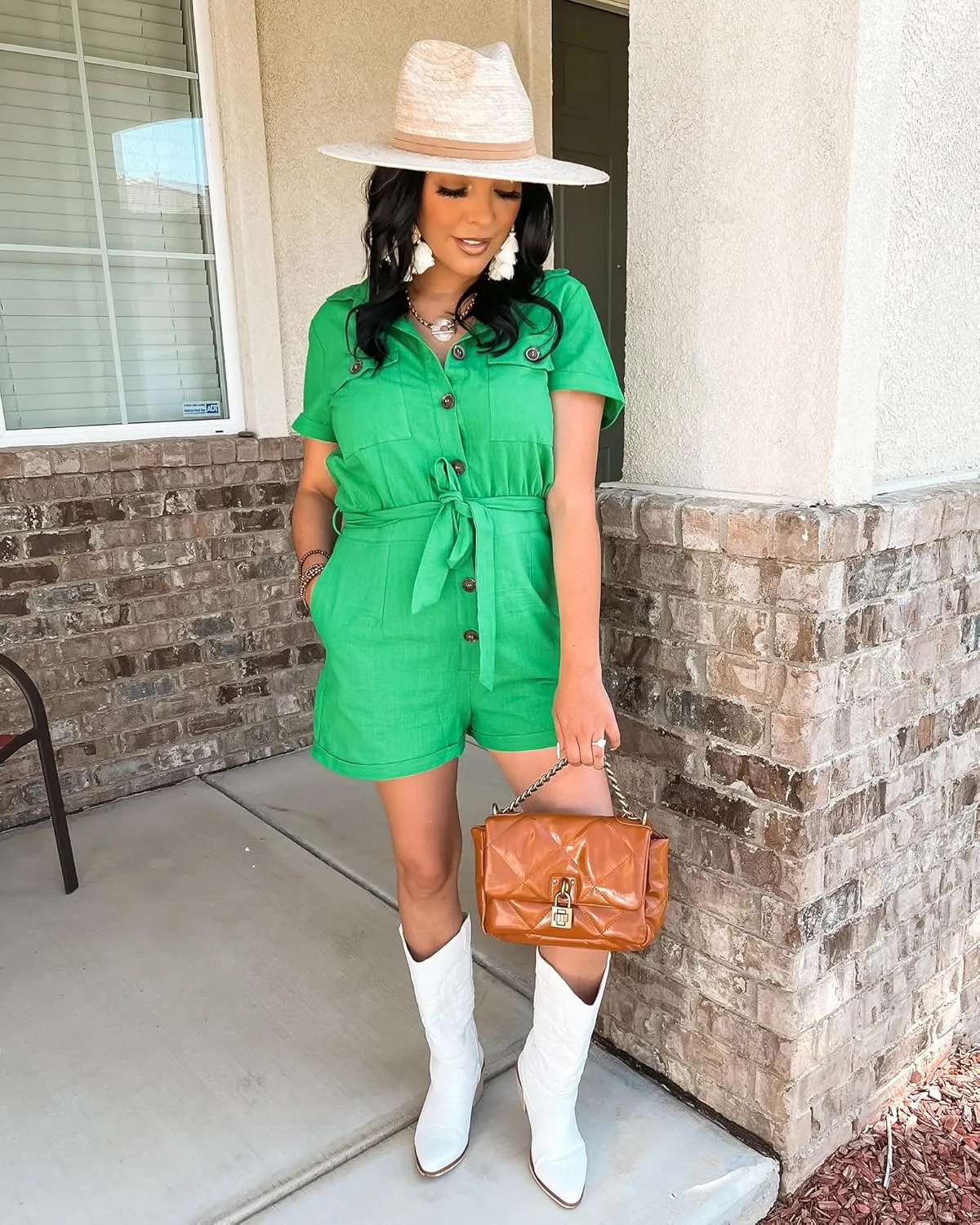 GRAPENT Women's Summer Short Sleeve Button Down Pockets Belted Jumpsuits Rompers