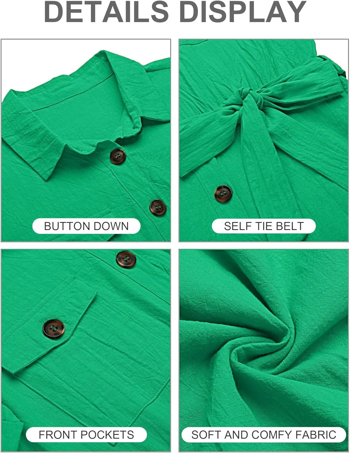 GRAPENT Women's Summer Short Sleeve Button Down Pockets Belted Jumpsuits Rompers