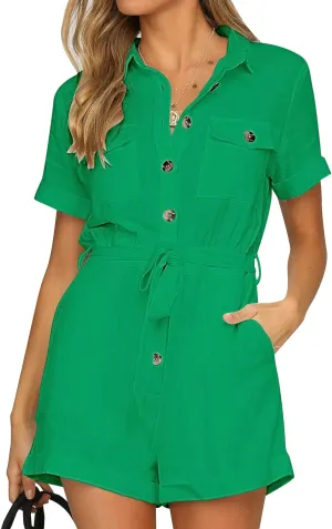 GRAPENT Women's Summer Short Sleeve Button Down Pockets Belted Jumpsuits Rompers