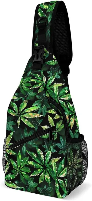 Green Weed Sequin Funny Crossbody Sling Bag Novelty Chest Bags Shoulder Backpack For Travel Hiking 15×8×4 Inches