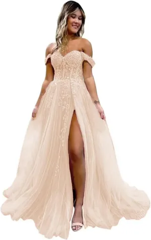 Guramisi Women's Off The Shoulder Prom Dresses with Slit Long Laces Appliques Formal Ball Gowns for Teens