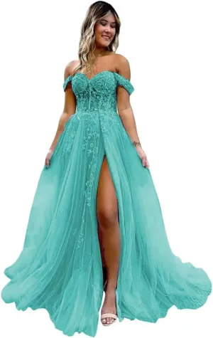 Guramisi Women's Off The Shoulder Prom Dresses with Slit Long Laces Appliques Formal Ball Gowns for Teens