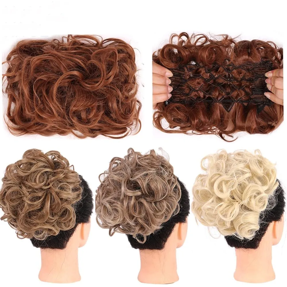 Hair Bun, Synthetic Comb Clip - In Curly Hair Bun Extension for Women - Ideal Chignon Updo Cover Hairpiece,for Daily Wear(Brown red)