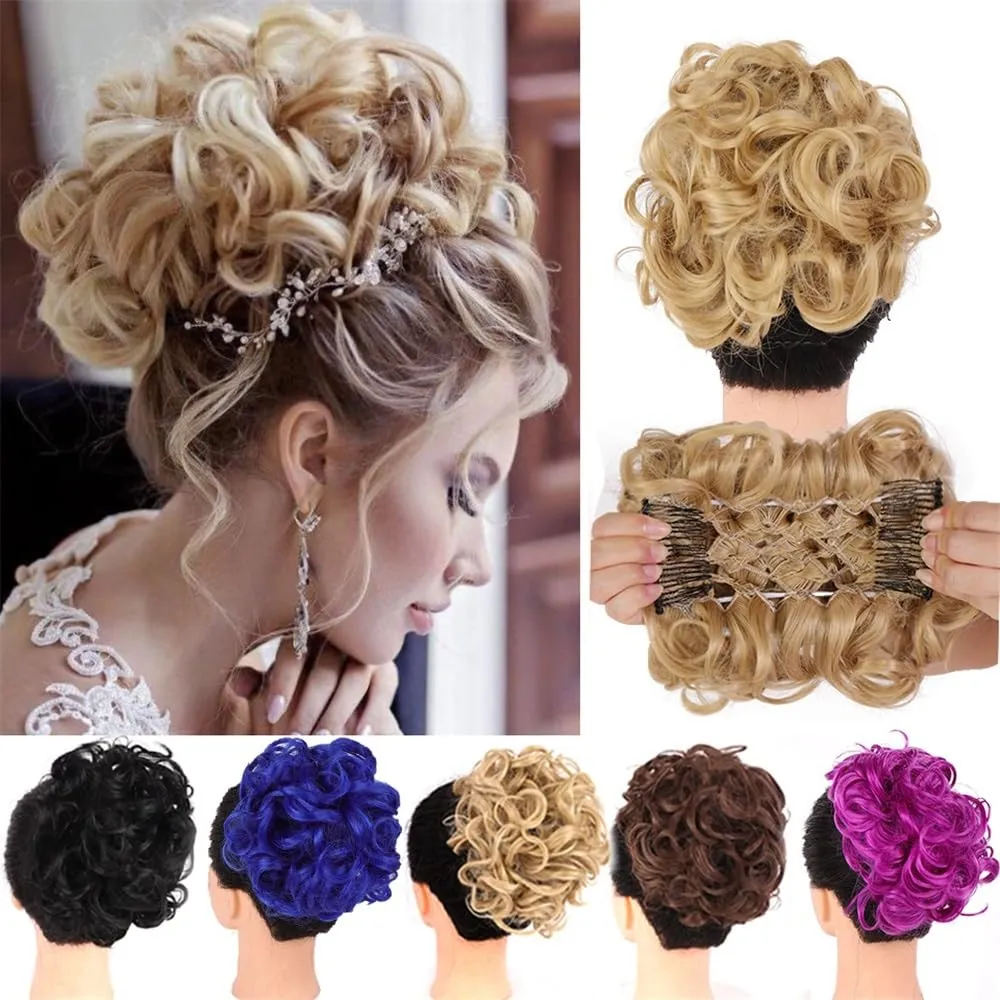 Hair Bun, Synthetic Comb Clip - In Curly Hair Bun Extension for Women - Ideal Chignon Updo Cover Hairpiece,for Daily Wear(Brown red)