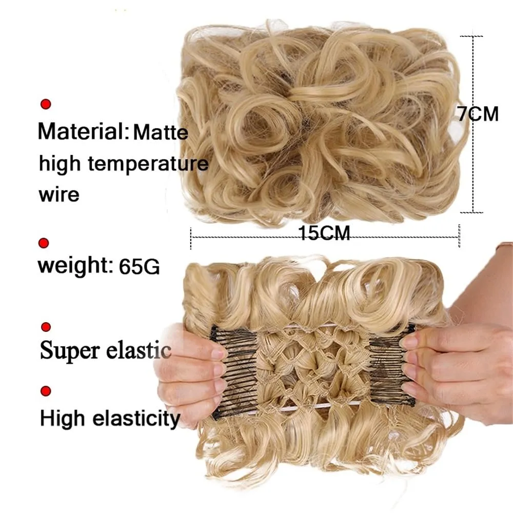 Hair Bun, Synthetic Comb Clip - In Curly Hair Bun Extension for Women - Ideal Chignon Updo Cover Hairpiece,for Daily Wear(Brown red)