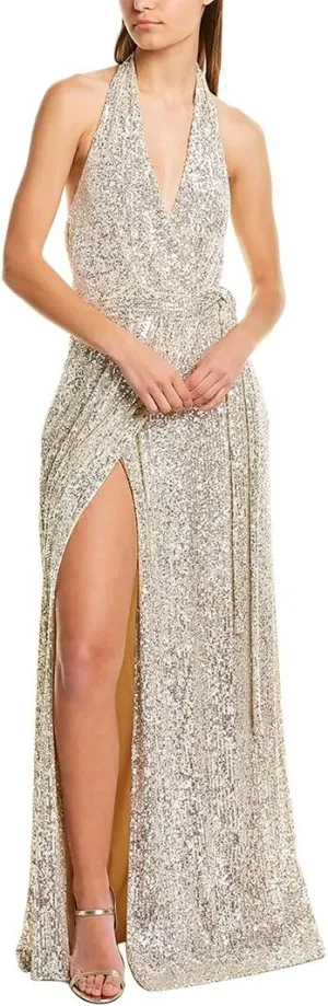 HALSTON Women's Sleeveless Halter Sequin Wrap Gown