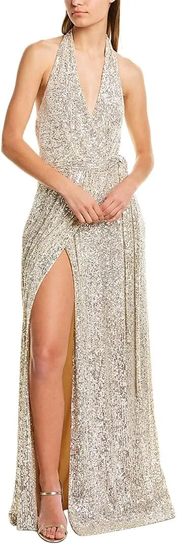 HALSTON Women's Sleeveless Halter Sequin Wrap Gown