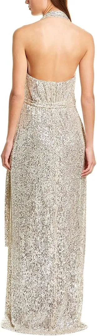 HALSTON Women's Sleeveless Halter Sequin Wrap Gown
