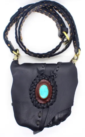 Handmade leather possible bag bohemian/ hippy style with blue stone accent