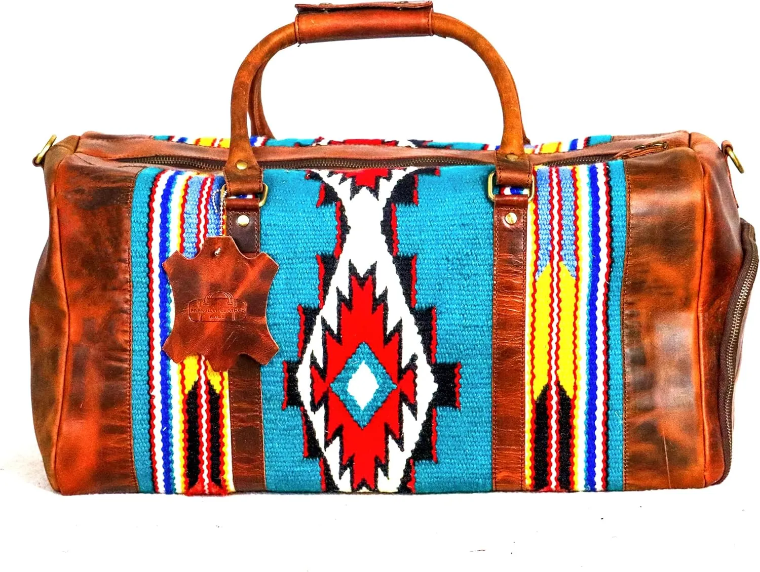 Handmade Premium Duffle Bag leather heavy duty Gym Sports Airplane Overnight Luggage Carry On Unisex Travel Hand woven Rug Bag Wollen Bag Gift for His/Her (RUG DUFFLE BAG STYLE_03)