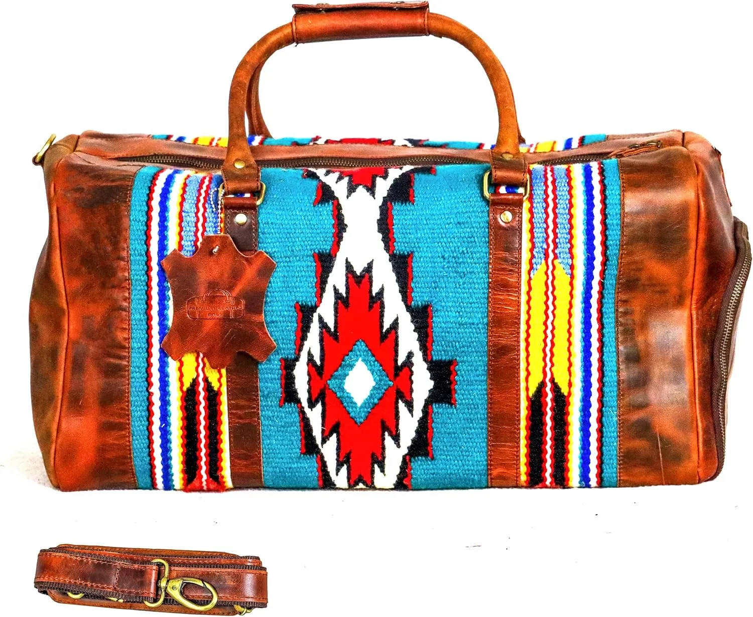 Handmade Premium Duffle Bag leather heavy duty Gym Sports Airplane Overnight Luggage Carry On Unisex Travel Hand woven Rug Bag Wollen Bag Gift for His/Her (RUG DUFFLE BAG STYLE_03)