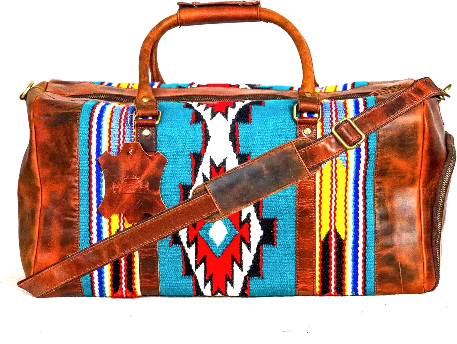 Handmade Premium Duffle Bag leather heavy duty Gym Sports Airplane Overnight Luggage Carry On Unisex Travel Hand woven Rug Bag Wollen Bag Gift for His/Her (RUG DUFFLE BAG STYLE_03)